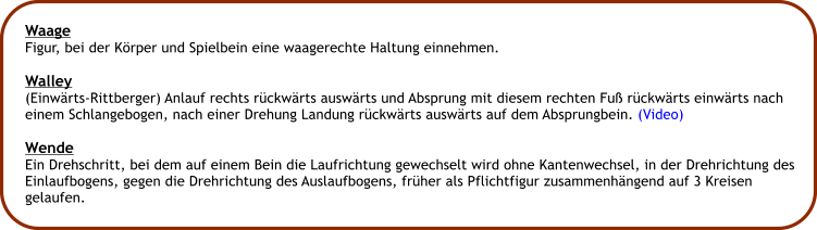 Waage Figur, bei der Krper und Spielbein eine waagerechte Haltung einnehmen.  Walley (Einwrts-Rittberger) Anlauf rechts rckwrts auswrts und Absprung mit diesem rechten Fu rckwrts einwrts nach einem Schlangebogen, nach einer Drehung Landung rckwrts auswrts auf dem Absprungbein. (Video)  Wende Ein Drehschritt, bei dem auf einem Bein die Laufrichtung gewechselt wird ohne Kantenwechsel, in der Drehrichtung des Einlaufbogens, gegen die Drehrichtung des Auslaufbogens, frher als Pflichtfigur zusammenhngend auf 3 Kreisen  gelaufen.