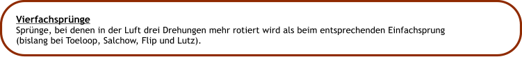 Vierfachsprnge Sprnge, bei denen in der Luft drei Drehungen mehr rotiert wird als beim entsprechenden Einfachsprung (bislang bei Toeloop, Salchow, Flip und Lutz).