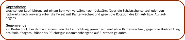 Gegendreier Wechsel der Laufrichtung auf einem Bein von vorwrts nach rckwrts (ber die Schlittschuhspitze) oder von rckwrts nach vorwrts (ber die Ferse) mit Kantenwechsel und gegen die Rotation des Einlauf- bzw. Auslauf- bogens.  Gegenwende ein Drehschritt, bei dem auf einem Bein die Laufrichtung gewechselt wird ohne Kantenwechsel, gegen die Drehrichtung des Einlaufbogens, frher als Pflichtfigur zusammenhngend auf 3 Kreisen gelaufen.