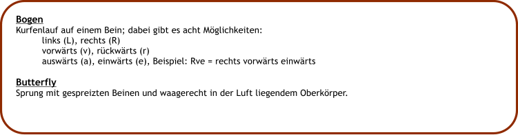 Bogen Kurfenlauf auf einem Bein; dabei gibt es acht Mglichkeiten: links (L), rechts (R) vorwrts (v), rckwrts (r) auswrts (a), einwrts (e), Beispiel: Rve = rechts vorwrts einwrts  Butterfly Sprung mit gespreizten Beinen und waagerecht in der Luft liegendem Oberkrper.